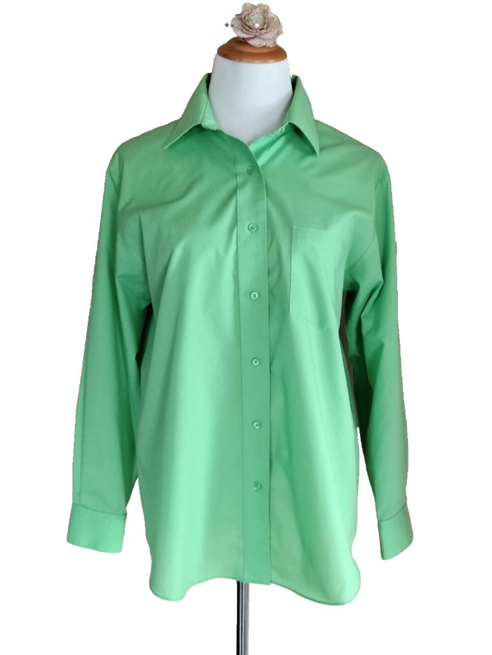 Foxcroft Wrinkle Free Tunic Blouse 12 Lime Green Button Front Long Sleeve Pocket